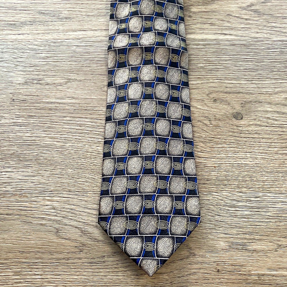 Siena Collezione Men's silk handmade tie, blue gray gold geometric,  52 inch